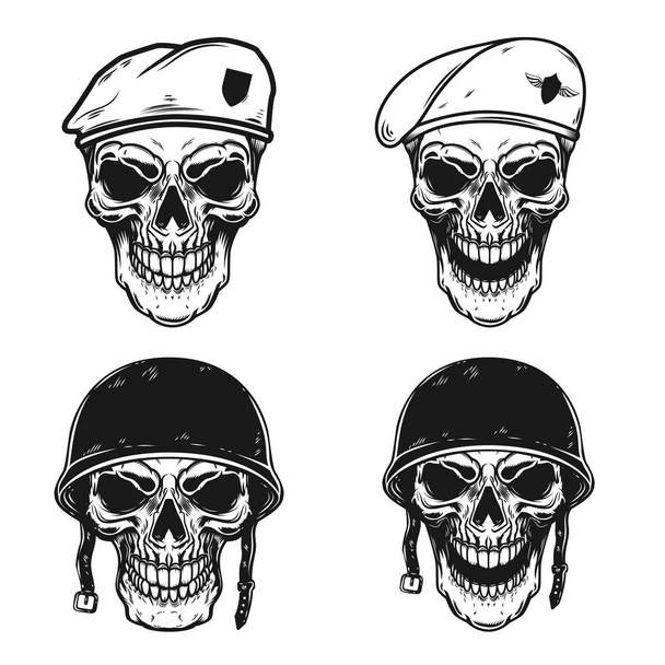 Set of soldier skull in battle helmet and paratrooper beret. Design element for logo, label, emblem, sign, poster, t shirt. Vector illustration - Wektor, obraz