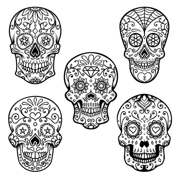 Set of colorful sugar skull isolated on white background. Day of the dead. Design element for poster, card, banner, print. Vector illustration - Vector, Imagen