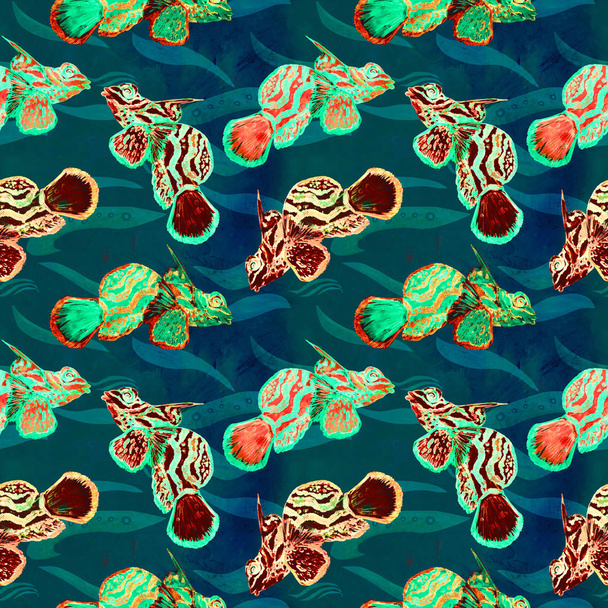Mandarin fish (Synchiropus splendidus, the mandarinfish or mandarin dragonet), hand painted watercolor illustration, seamless pattern on turquoise ocean surface with waves background - Foto, imagen