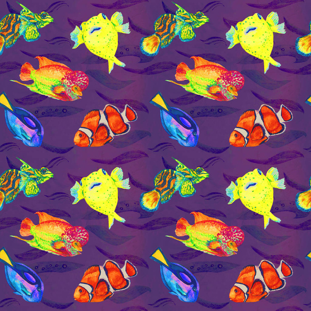Flowerhorn cichlid fish, Pufferfish, Clownfish, Mandarin fish, Paracanthurus hepatus, hand painted watercolor illustration, seamless pattern on purple ocean surface with waves background - Fotó, kép