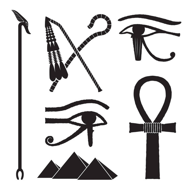 Sada starověkého Egypta siluety - The berla a cep, byl žezlo, eye of horus a pyramidy - Vektor, obrázek