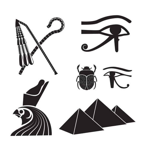 antike ägyptische Silhouetten - Dreschflegel, Skarabäus, Horusauge und Pyramiden - Vektor, Bild
