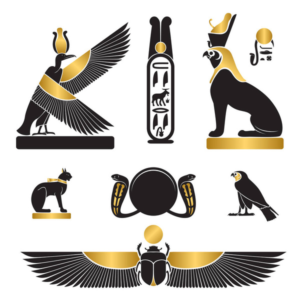 Antik Mısır silhouettes - dizi Nekhbet griffon, göz Horus ve Ra, bast olarak kedi gözü - Vektör, Görsel
