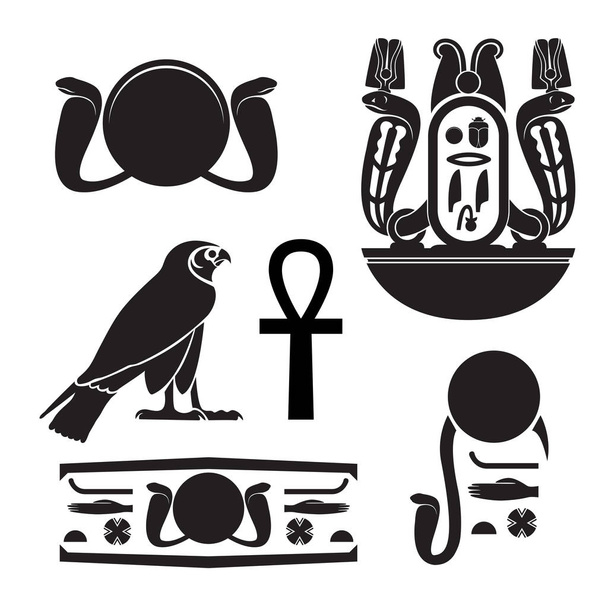 Set alter ägyptischer Silhouetten - Auge des Ras, Horus als Falke, Kartusche mit gehörnten Vipern, Ankh, ägyptische Hieroglyphe - Vektor, Bild