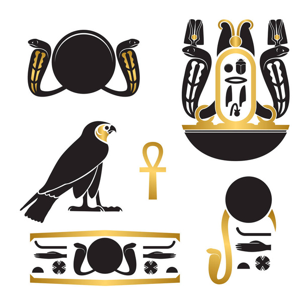 Sada starověkého Egypta siluety - Raovo oko Horovo jako falcon, kartuší s rohaté zmijí, ankh, egyptský hieroglyf - Vektor, obrázek