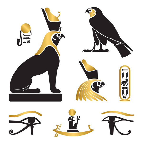 Ensemble de silhouettes égyptiennes antiques - Œil d'Horus, Horus comme lion et faucon, péniche solaire et cartouche
 - Vecteur, image