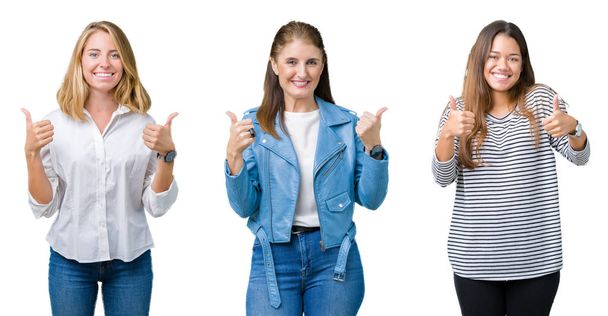 Collage de grupo de tres hermosas mujeres sobre blanco signo de éxito de fondo aislado haciendo gesto positivo con la mano, pulgares hacia arriba sonriendo y feliz. Mirando a la cámara con expresión alegre, gesto ganador
. - Foto, imagen