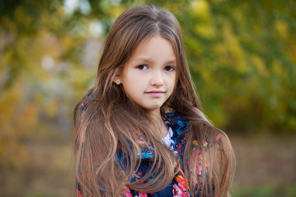 Blonde Hair Beauty. Portrait of a beautiful little girl on the background of summer street - Foto, Imagen