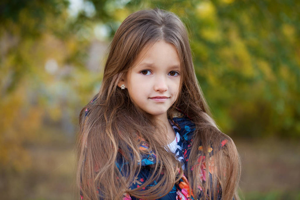Blonde Hair Beauty. Portrait of a beautiful little girl on the background of summer street - Foto, Imagen