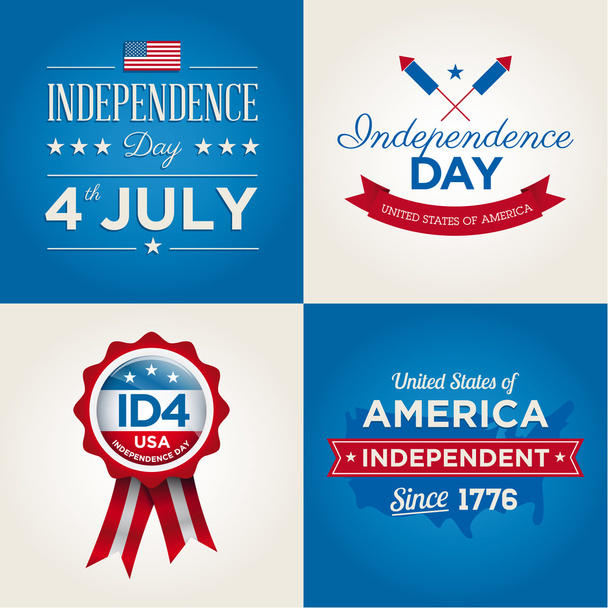 Happy independence day cards United States of America, 4 th of July, with fonts, flag, map, signs and ribbons - Vettoriali, immagini
