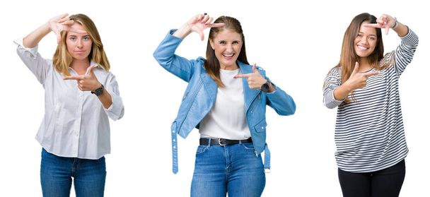 Koláž ze skupiny tří krásných žen nad pozadím izolované provedení rámu s rukama a prsty s šťastné tváře. Koncept kreativity a Fotografie. - Fotografie, Obrázek