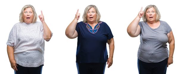 Collage de mujer gorda mayor sobre fondo aislado apuntando con el dedo hacia arriba con la idea exitosa. Salido y feliz. Número uno.
. - Foto, imagen