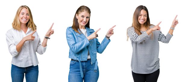Коллаж группы из трех красивых женщин на белом изолированном фоне улыбаясь и глядя на камеру указывая двумя руками и пальцами в сторону
. - Фото, изображение