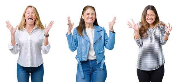 Collage di gruppo di tre belle donne su sfondo bianco isolato che celebrano pazzo e pazzo per il successo con le braccia alzate e gli occhi chiusi urlando eccitato. Concetto vincitore
 - Foto, immagini