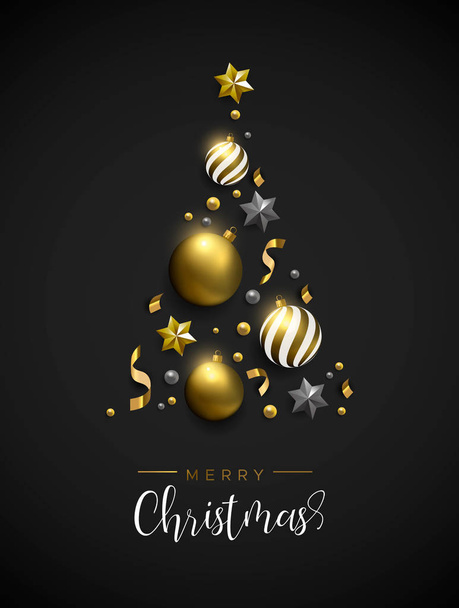 Merry Christmas card. Gold xmas bauble ornaments, stars and confetti making pine tree shape on black background. Luxury holiday layout for invitation or seasons greeting. - Διάνυσμα, εικόνα