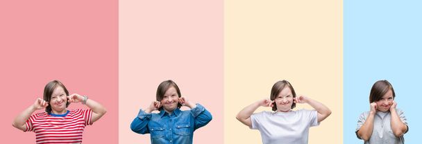 Collage of down syndrome woman over colorful stripes isolated background covering ears with fingers with annoyed expression for the noise of loud music. Deaf concept. - Photo, Image