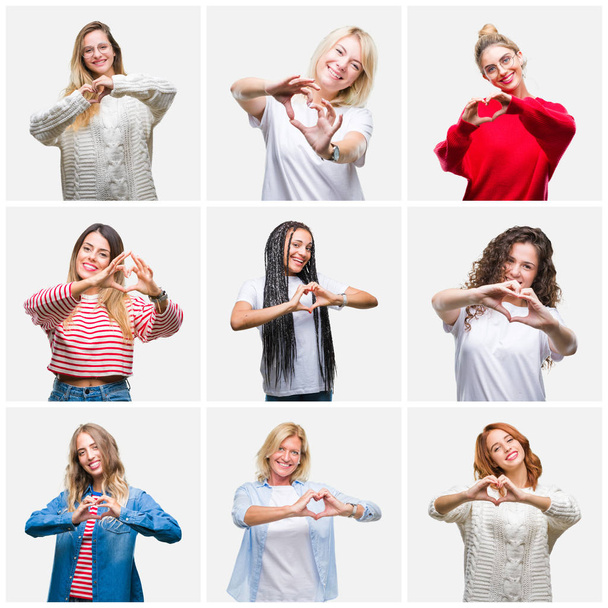 Collage of group of young and senior women over isolated background smiling in love showing heart symbol and shape with hands. Romantic concept. - Photo, Image