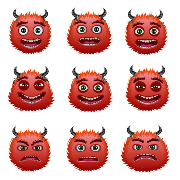Rudí ďáblové hlavu, kreslené postavičky s různými emocemi sadou vektorové ilustrace - Vektor, obrázek