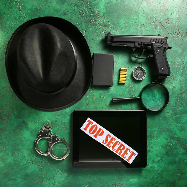Flat lay composition with different items for detective on color background - Fotó, kép