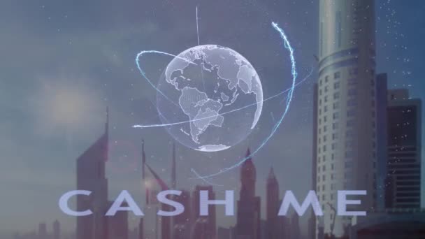 Наличные мне текст с 3D голограммы планеты Земля на фоне современного мегаполиса
 - Кадры, видео