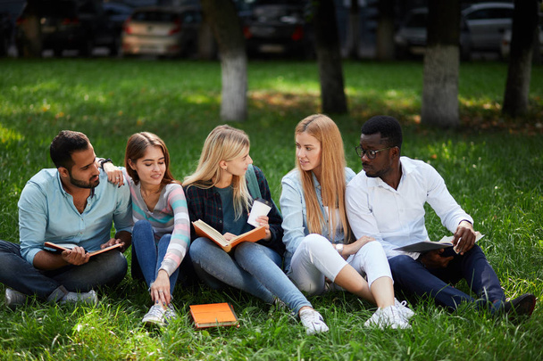 Mixed-race group of students sitting together on green lawn of university campus - Фото, изображение