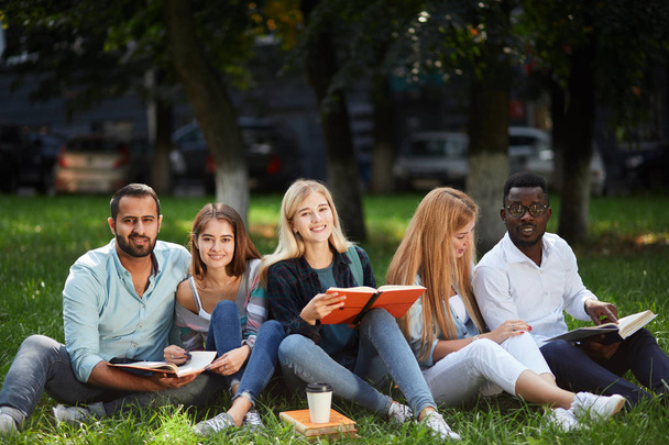 Mixed-race group of students sitting together on green lawn of university campus - Photo, image