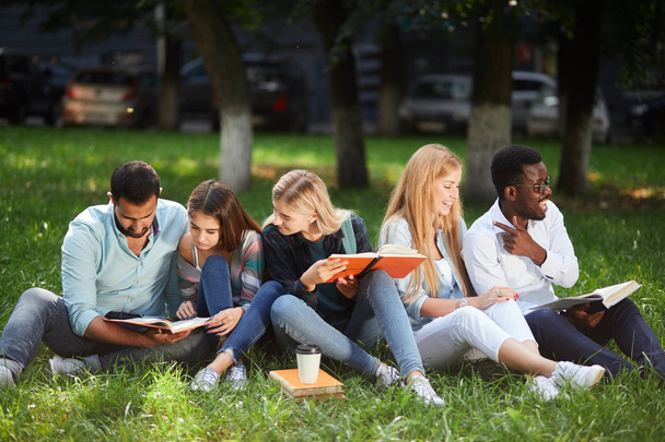 Mixed-race group of students sitting together on green lawn of university campus - Photo, image