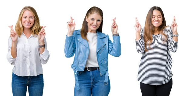 Collage de groupe de trois belles femmes sur fond blanc isolé souriant croisant les doigts avec espoir et les yeux fermés. La chance et le concept superstitieux
. - Photo, image