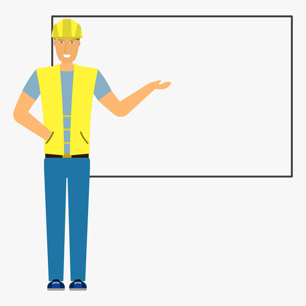 Image of a builder with outstretched hand against the background of the board. Isolated flat illustration on white background. Vector - Vector, Image