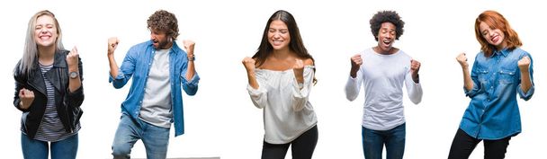 Collage einer Gruppe arabischer, indischer, afrikanisch-amerikanischer Menschen mit isoliertem Hintergrund, die sehr glücklich und aufgeregt Siegergeste machen, die Arme heben, lächeln und nach Erfolg schreien. Festkonzept. - Foto, Bild