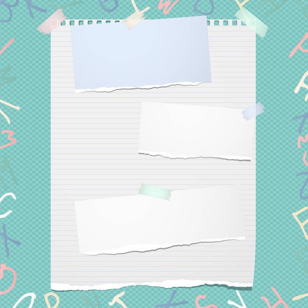Branco rasgado papel caderno alinhado, rasgado tiras de papel nota preso no fundo quadrado. Ilustração vetorial
 - Vetor, Imagem