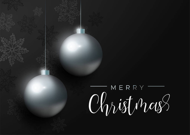 Merry Christmas card with black xmas bauble ornaments and snowflake decoration. Luxury holiday balls background for invitation or seasons greeting. - Vektori, kuva