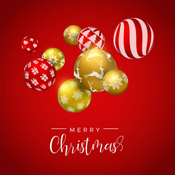 Merry Christmas card, gold and red xmas bauble ornaments. Luxury holiday balls background for invitation or seasons greeting. - Vektor, obrázek