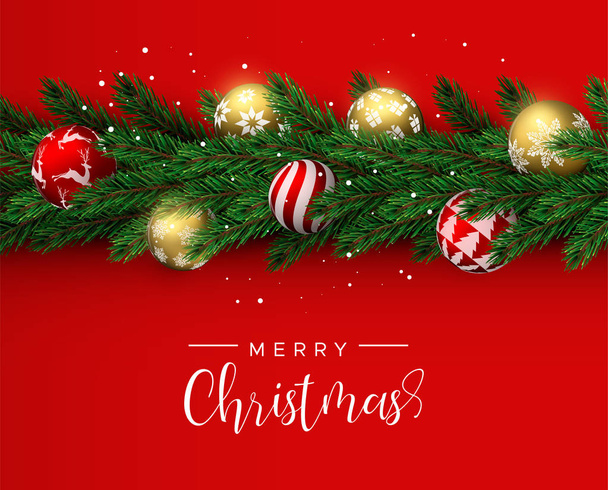 Χαρούμενα Χριστούγεννα ευτυχισμένο το νέο έτος κάρτα. Ρεαλιστική πεύκο δέντρο στεφάνι γιρλάντα με χρυσό και κόκκινο στολίδι Χριστούγεννα μπάλες για πολυτελείς διακοπές πρόσκληση ή εποχές χαιρετισμό. - Διάνυσμα, εικόνα