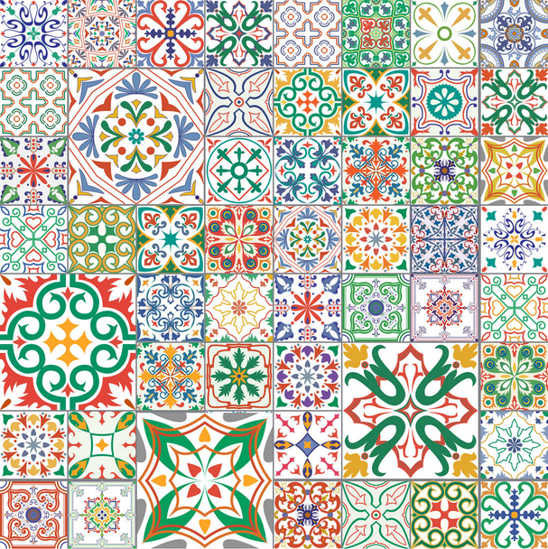 Big vector set of tiles in portuguese, spanish, italian style. For wallpaper, backgrounds, decoration for your design, ceramic, page fill and more. - Vector, Image