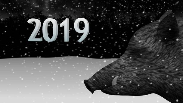 Αγριογούρουνο νέο έτος 2019 στο δάσος του χειμώνα - Φωτογραφία, εικόνα