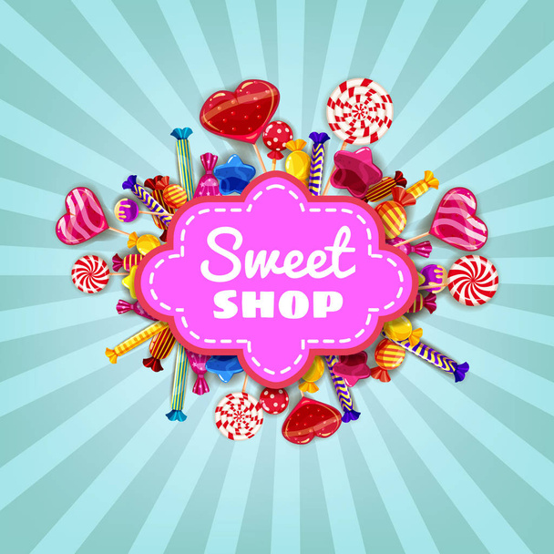 Sweet Shop Candy šablonu sada různých barev z cukroví, cukroví, cukrovinky, čokoládové bonbóny, želé. Pozadí, plakát, banner, vektorové, izolované, kreslený styl - Vektor, obrázek