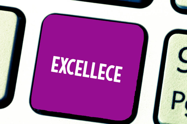 Text sign showing Excellece. Conceptual photo quality of being outstanding or extremely good Five stars Keyboard key Intention to create computer message, pressing keypad idea. - Photo, Image