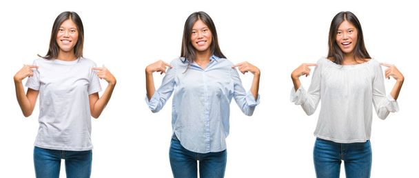 Collage de jeune femme asiatique debout sur fond blanc isolé regardant confiant avec le sourire sur le visage, se pointant avec les doigts fiers et heureux
. - Photo, image
