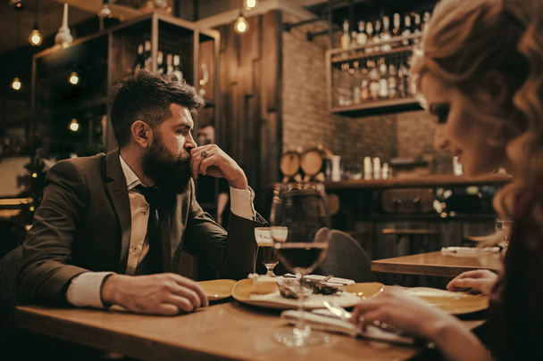 Valentines day with woman and man. valentines day celebration of bearded man and smiling woman. - Foto, afbeelding