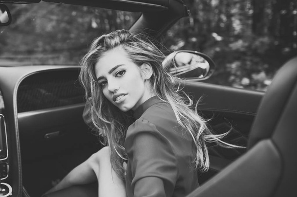 Sexy woman drive car, fashion, beauty. - Photo, Image
