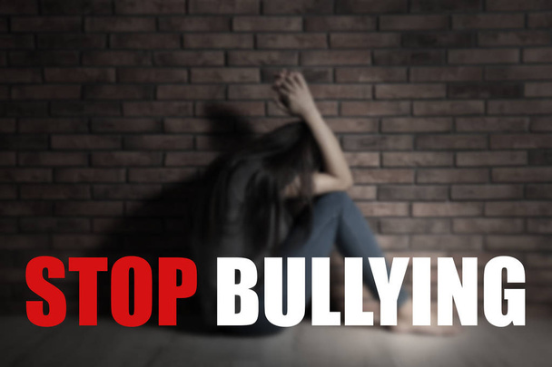 Message STOP BULLYING and sad young woman sitting on floor near brick wall - 写真・画像