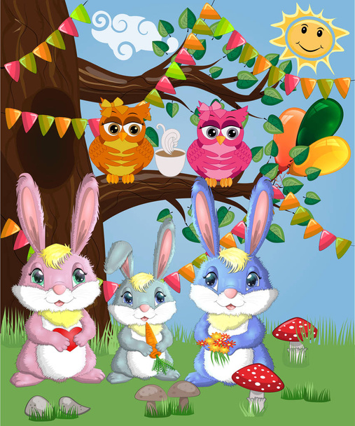 A family of three bunnies in a forest glade. Vector illustration - Vector, afbeelding