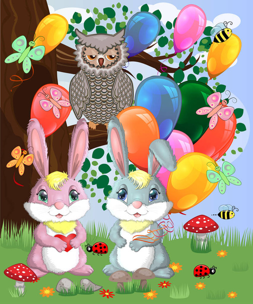 Two cute bunny with air balloons in a forest glade. - Вектор, зображення