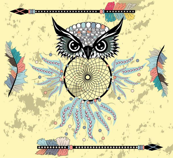 Dreamcatcher owl boho style cartoon character abstract bohemian object, vector illustration - ベクター画像