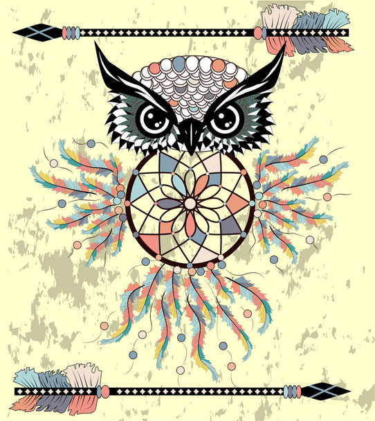 Dreamcatcher owl boho style cartoon character abstract bohemian object, vector illustration - Vektor, kép