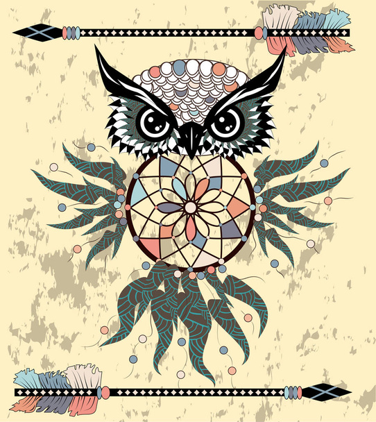 Indian decorative Dream Catcher owl in graphic style. Vector illustration  - Wektor, obraz