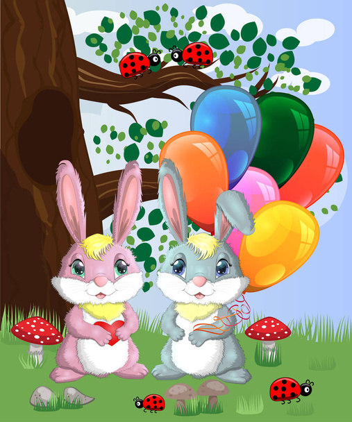 Two cute bunny with air balloons in a forest glade. - Vettoriali, immagini