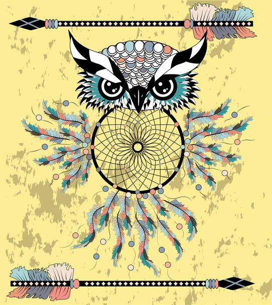 Indian decorative Dream Catcher owl in graphic style. Vector illustration  - Vektör, Görsel