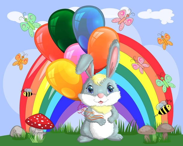 Cute cartoon bunny with an armful of balls on a glade near the rainbow.  - ベクター画像
